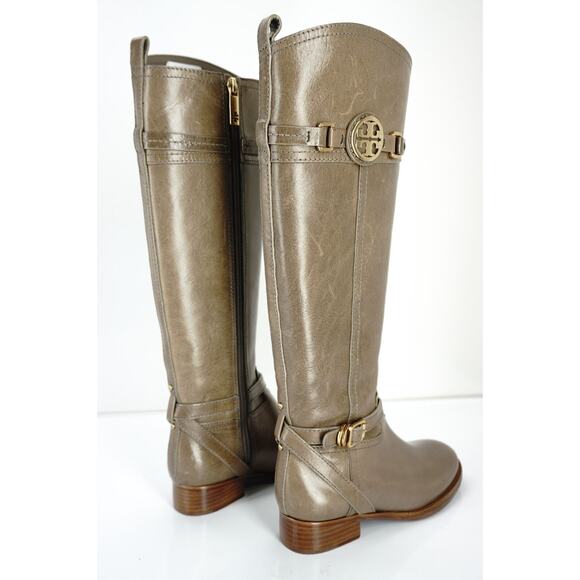 Tory Burch Calista Taupe Leather Logo Belt Knee Riding Boots New - Picture 6 of 10